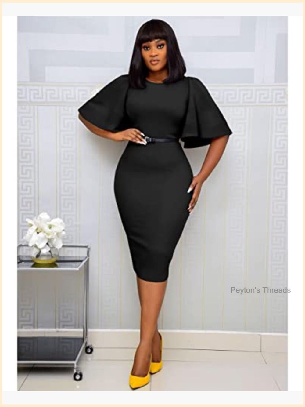 Women's Bodycon Ruffle Flared Short Sleeve Pencil Midi Dress - Picture 6 of 7